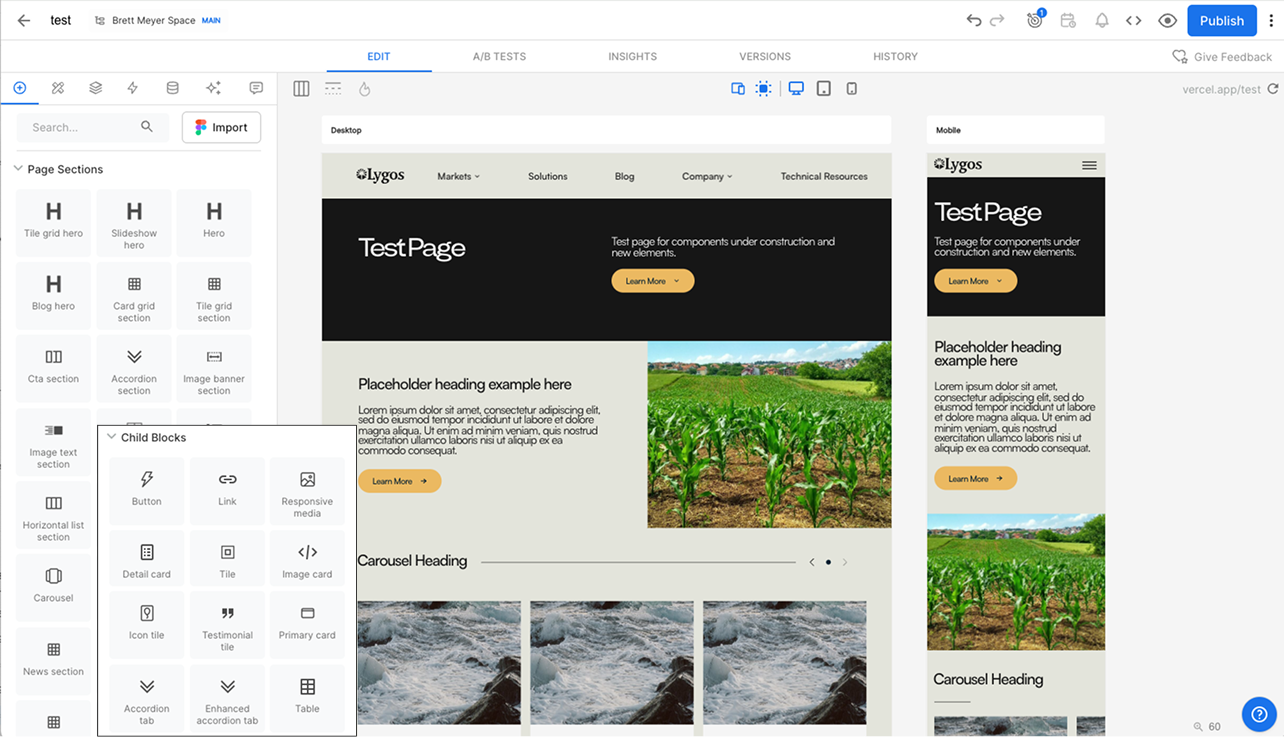 View of Builder Editor showing various Component Menus