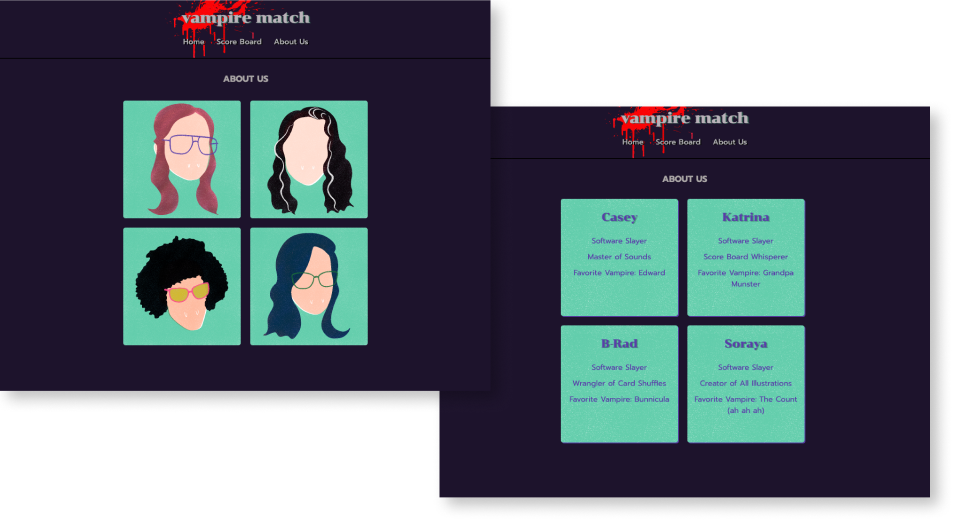 The About page featuring illustrations for team members.